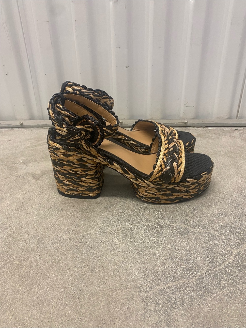Sam Edelman Woven Platform Block Heel Sandals - Black and Natural, Size 9